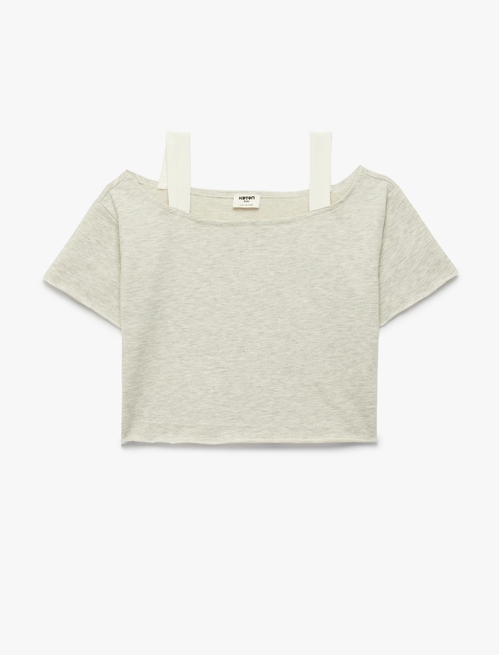 Kız Çocuk Pamuklu Kısa Kollu Çift Katlı Omzu Açık Kayık Yaka Tişört