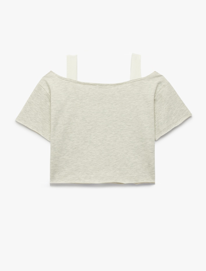 Kız Çocuk Pamuklu Kısa Kollu Çift Katlı Omzu Açık Kayık Yaka Tişört