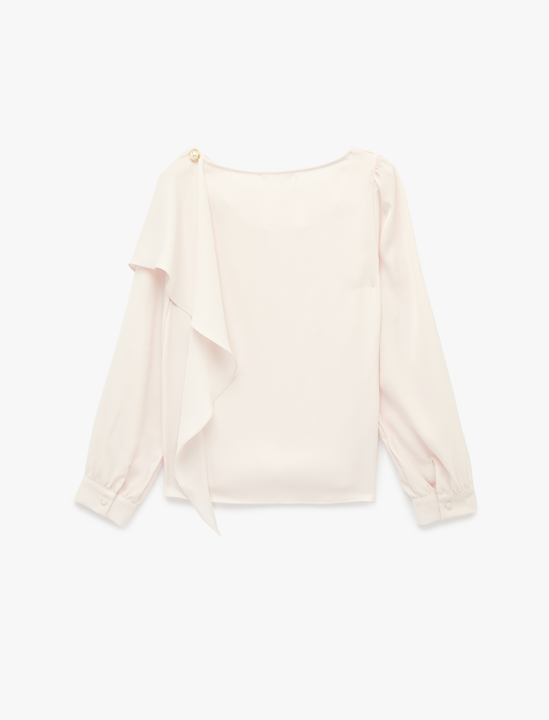   Dökümlü Şal Yaka Metal Aksesuarlı İnci Detaylı Uzun Kollu Saten Bluz