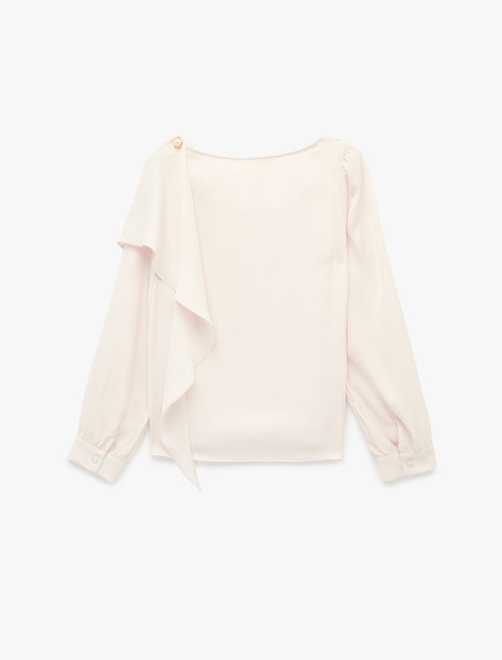  Dökümlü Şal Yaka Metal Aksesuarlı İnci Detaylı Uzun Kollu Saten Bluz