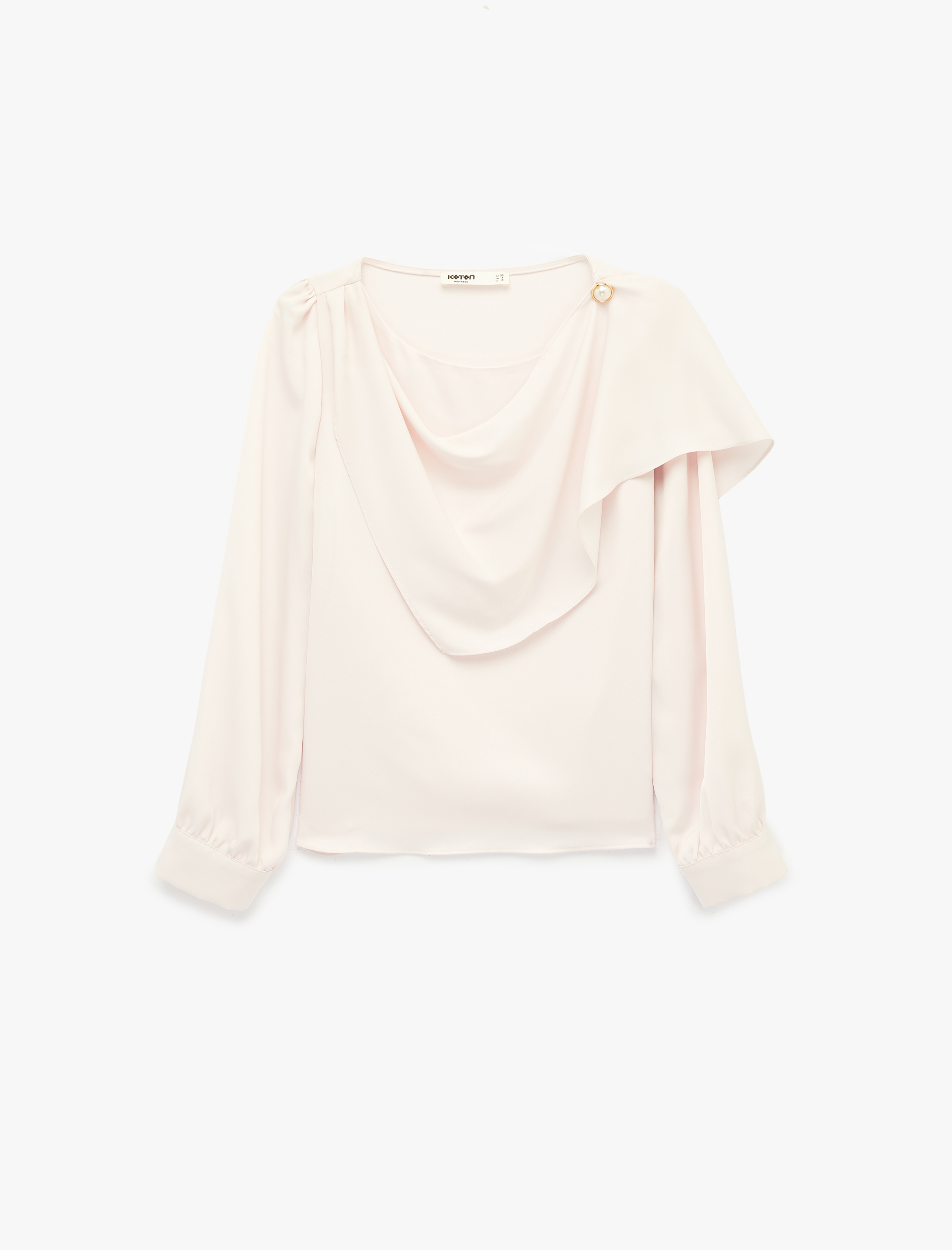   Dökümlü Şal Yaka Metal Aksesuarlı İnci Detaylı Uzun Kollu Saten Bluz