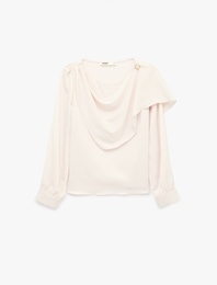 Dökümlü Şal Yaka Metal Aksesuarlı İnci Detaylı Uzun Kollu Saten Bluz