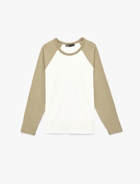 Regular Fit Pamuklu Bisiklet Yaka Renk Kontrastlı Reglan Uzun Kollu Tişört