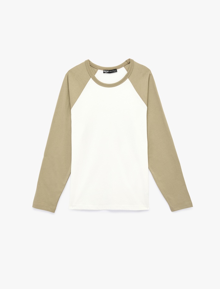  Regular Fit Pamuklu Bisiklet Yaka Renk Kontrastlı Reglan Uzun Kollu Tişört