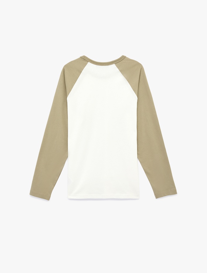 Regular Fit Pamuklu Bisiklet Yaka Renk Kontrastlı Reglan Uzun Kollu Tişört