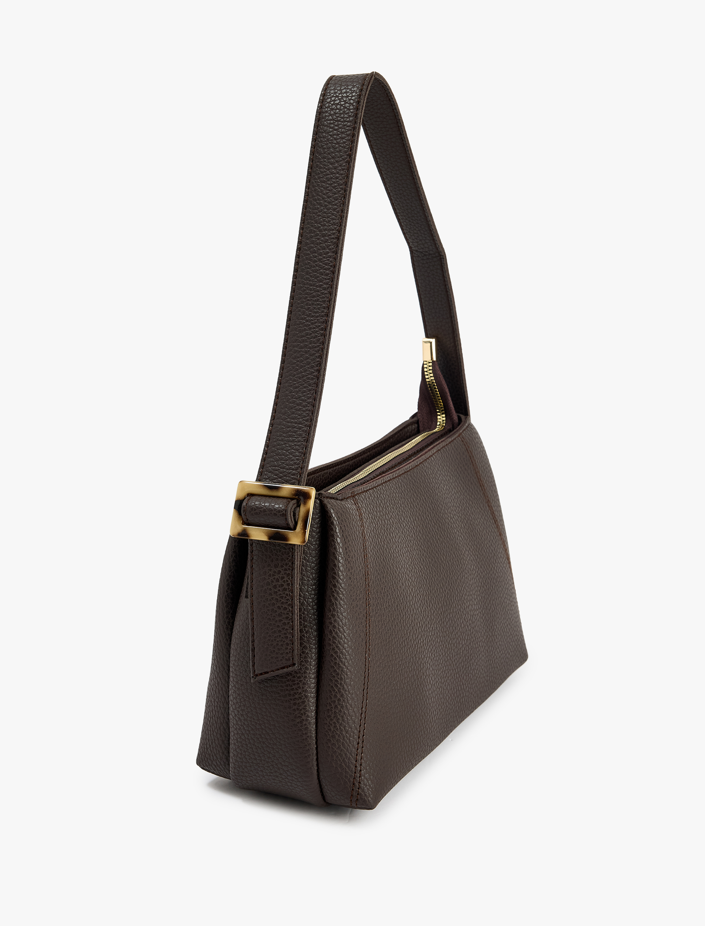  Kadın Suni Deri Dikiş Detaylı Tokalı Fermuarlı Omuz Çantası