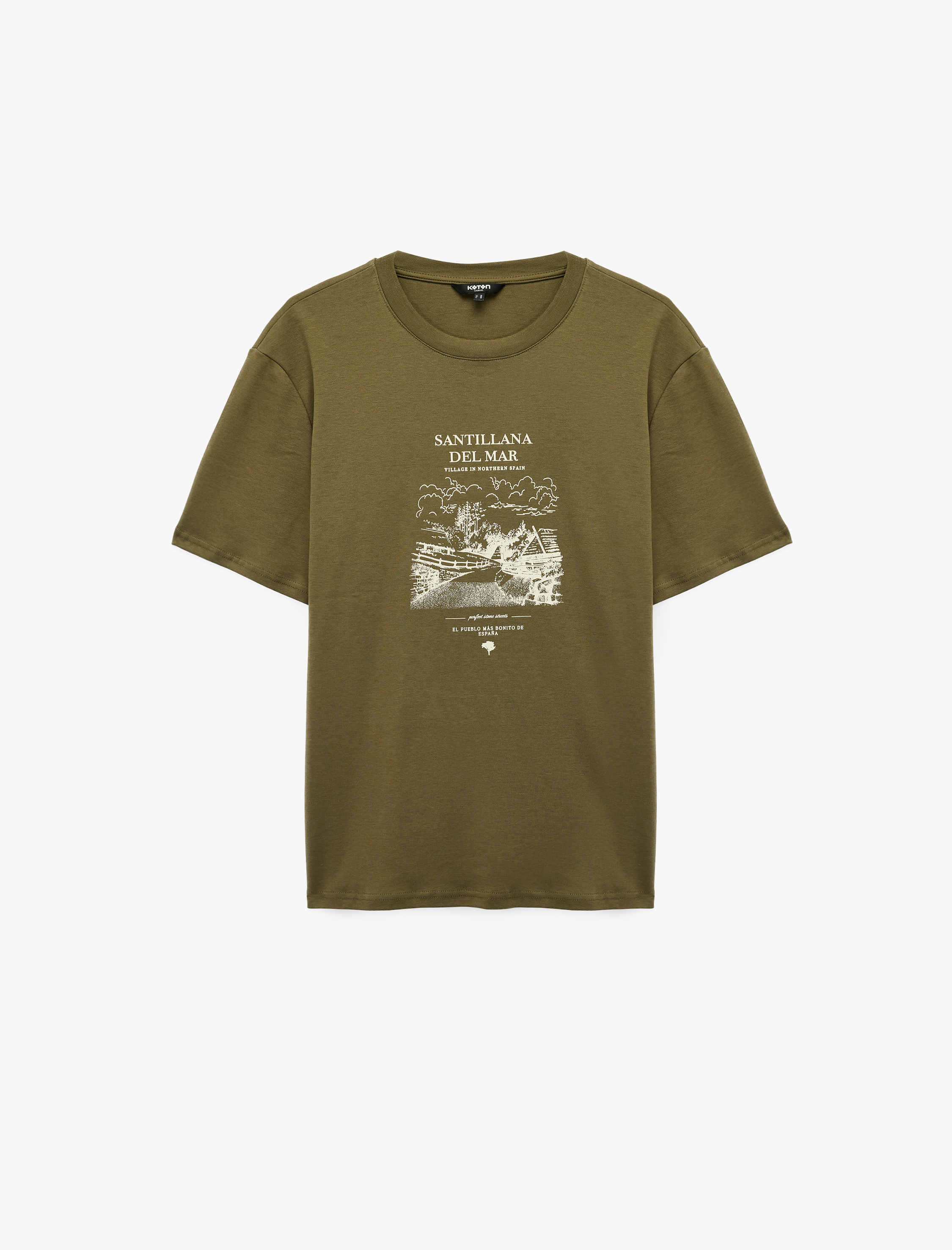   Pamuklu Kısa Kollu Bisiklet Yaka Baskılı Tişört