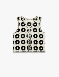 Pamuklu Kolsuz Bağcıklı V Yaka Ajurlu Triko Yelek