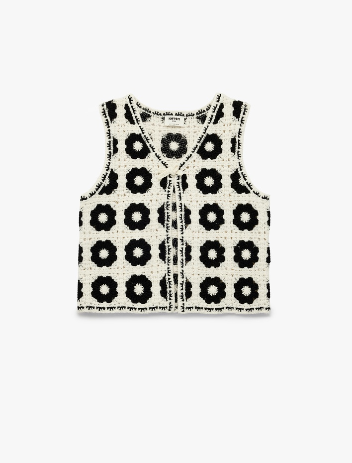 Kız Çocuk Pamuklu Kolsuz Bağcıklı V Yaka Ajurlu Triko Yelek