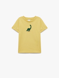 Kısa Kollu Bisiklet Yaka Pamuklu Dinozor Baskılı Tişört