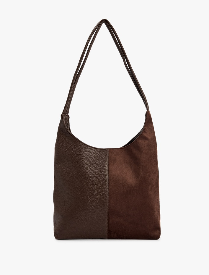 Kadın Renk Bloklu Suni Süet Deri Görünümlü Omuz Çantası