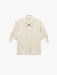 Aerobin Kumaş Bağlama Detaylı Kısa Balon Kollu Saten Gömlek