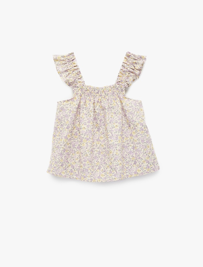 Kız Bebek Pamuklu Kare Yaka Kolsuz Çiçekli Gipeli Poplin Bluz