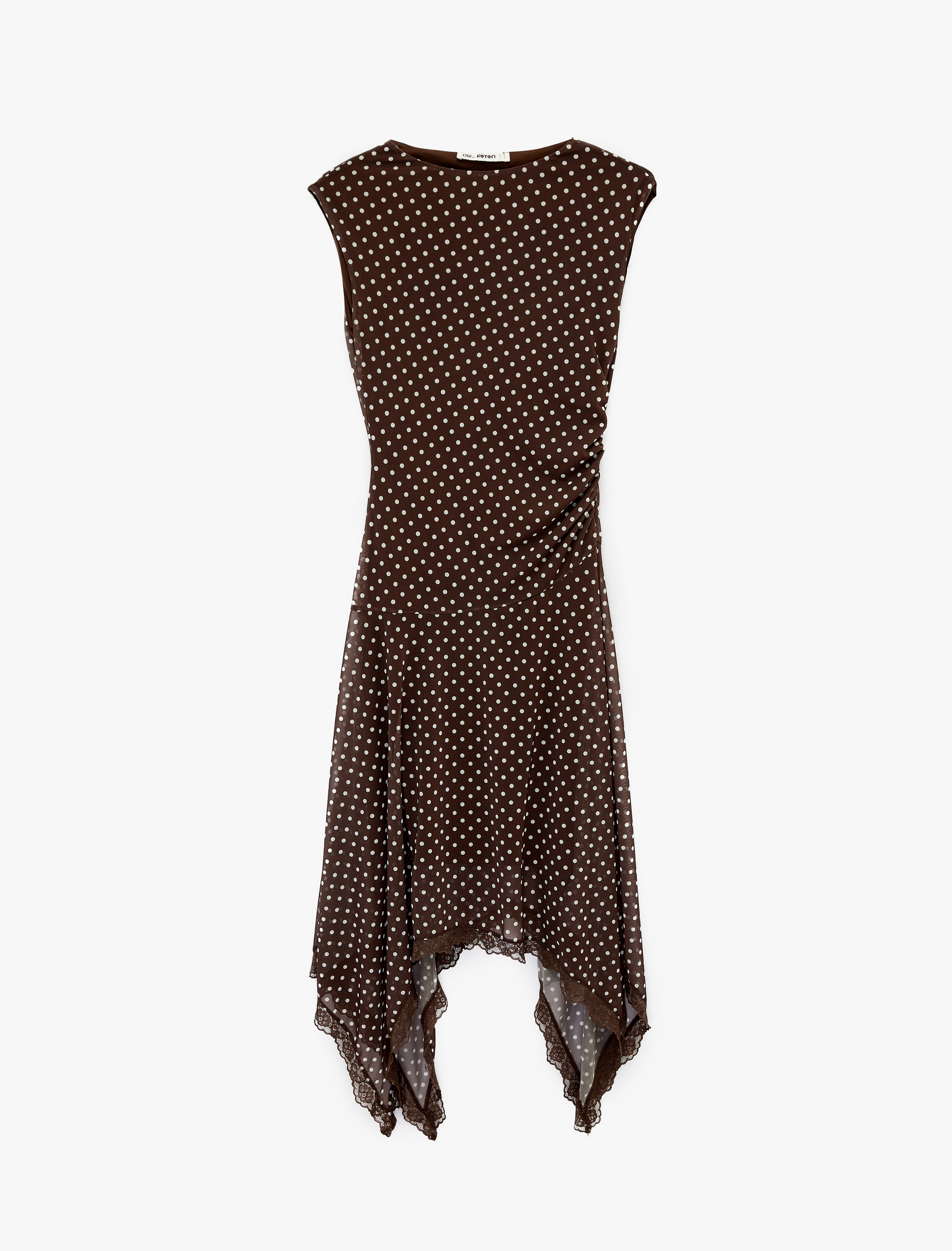   Kolsuz Bisiklet Yaka Büzgülü Asimetrik Midi Puantiyeli Tül Elbise