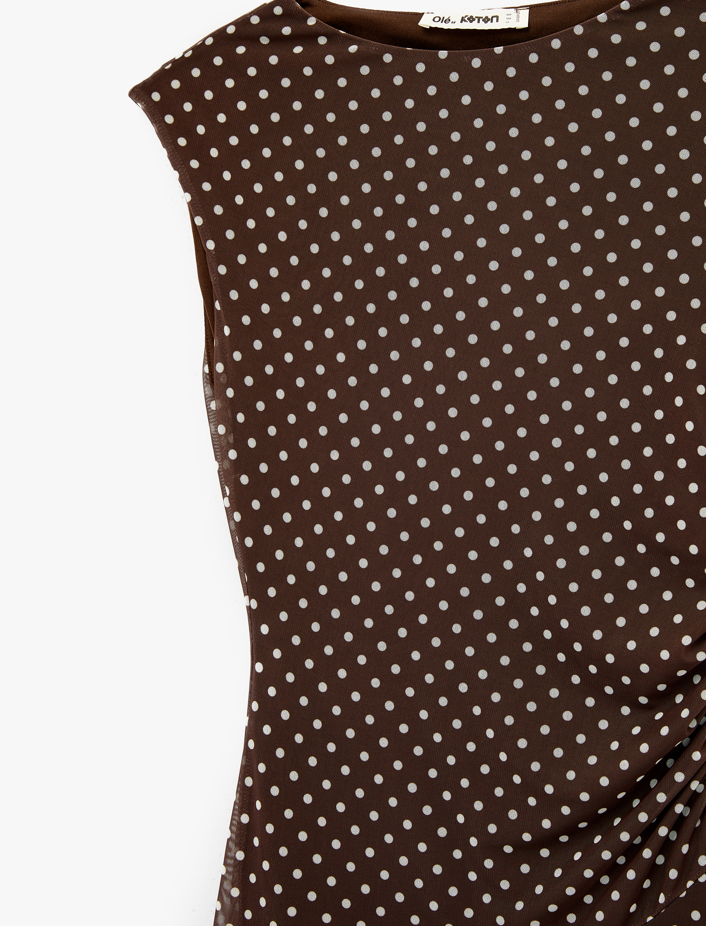   Kolsuz Bisiklet Yaka Büzgülü Asimetrik Midi Puantiyeli Tül Elbise