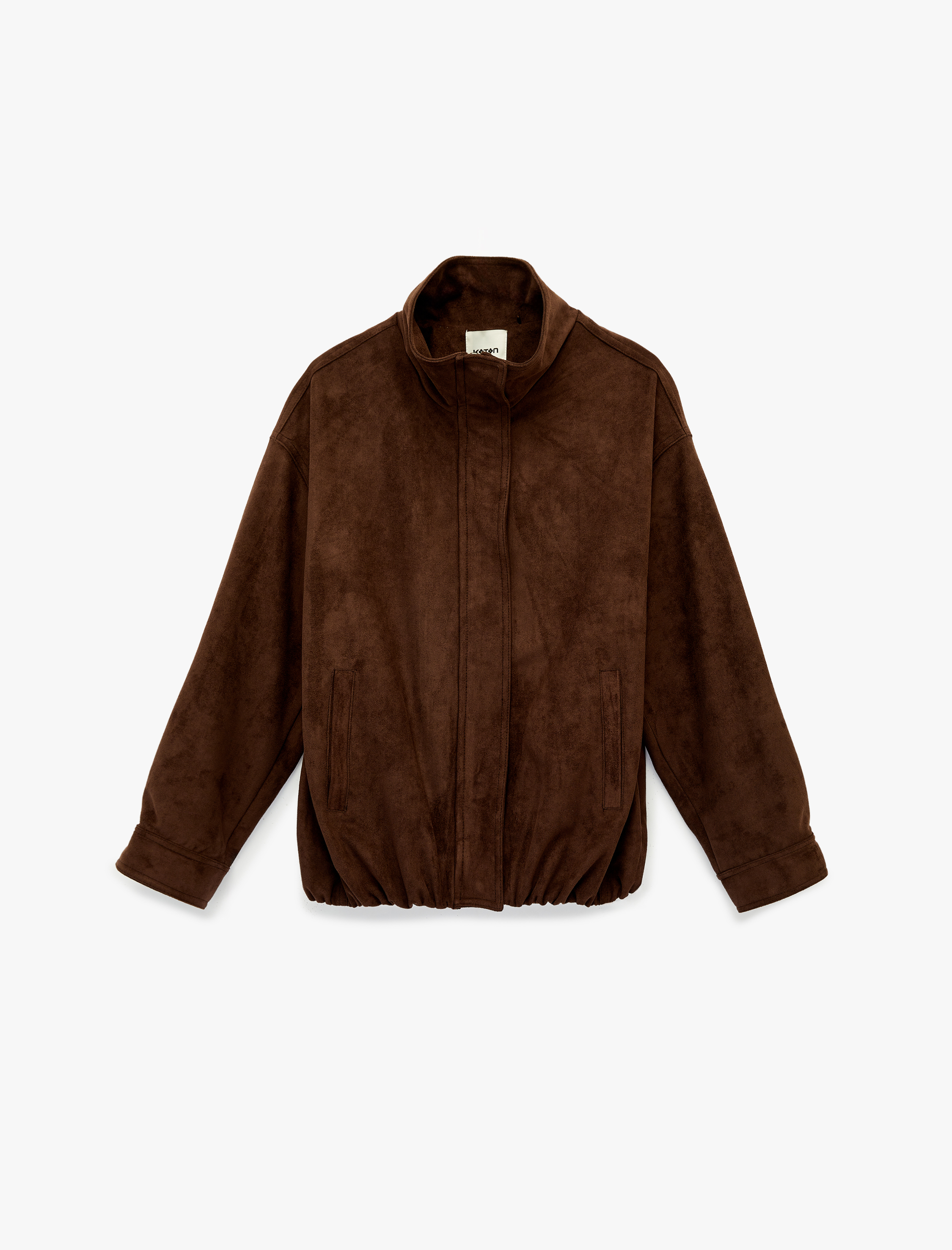   Fermuarlı Cepli Dik Yaka Suni Süet Oversize Bomber Ceket