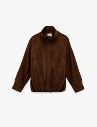 Fermuarlı Cepli Dik Yaka Suni Süet Oversize Bomber Ceket