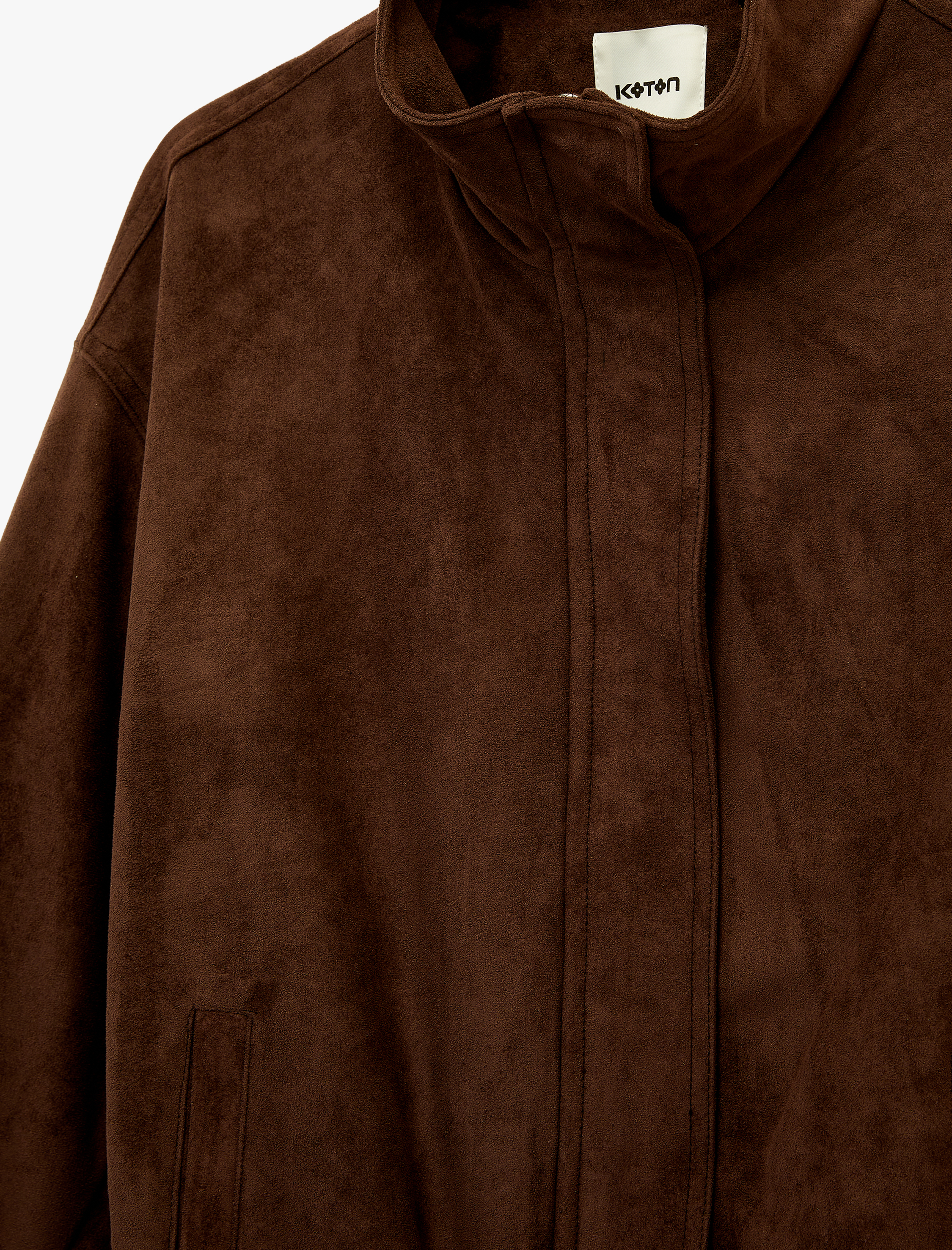   Fermuarlı Cepli Dik Yaka Suni Süet Oversize Bomber Ceket