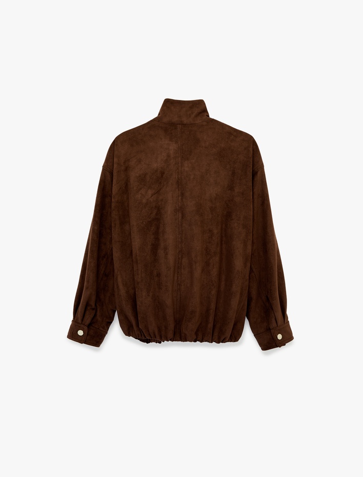  Fermuarlı Cepli Dik Yaka Suni Süet Oversize Bomber Ceket