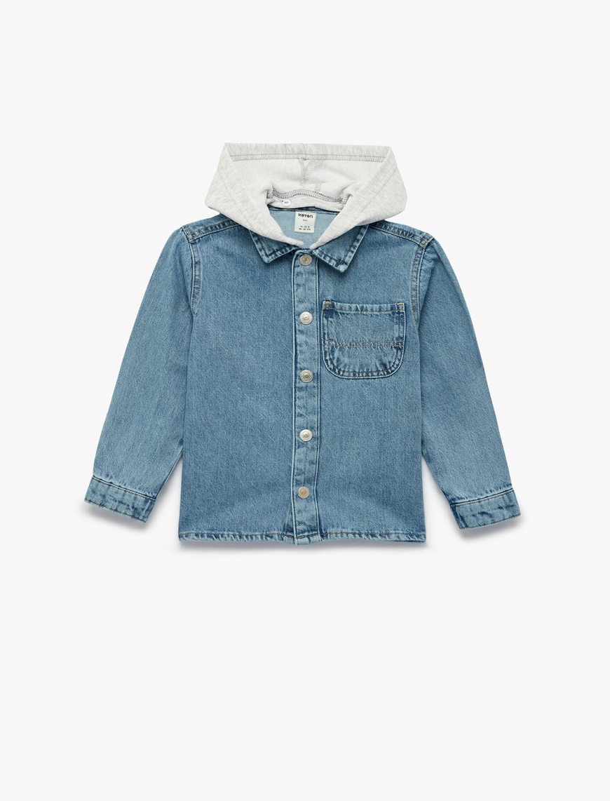 Koton Erkek Bebek Uzun Kollu Pamuklu Cepli Düğmeli Çıkarılabilir Kapşonlu Denim Ceket
