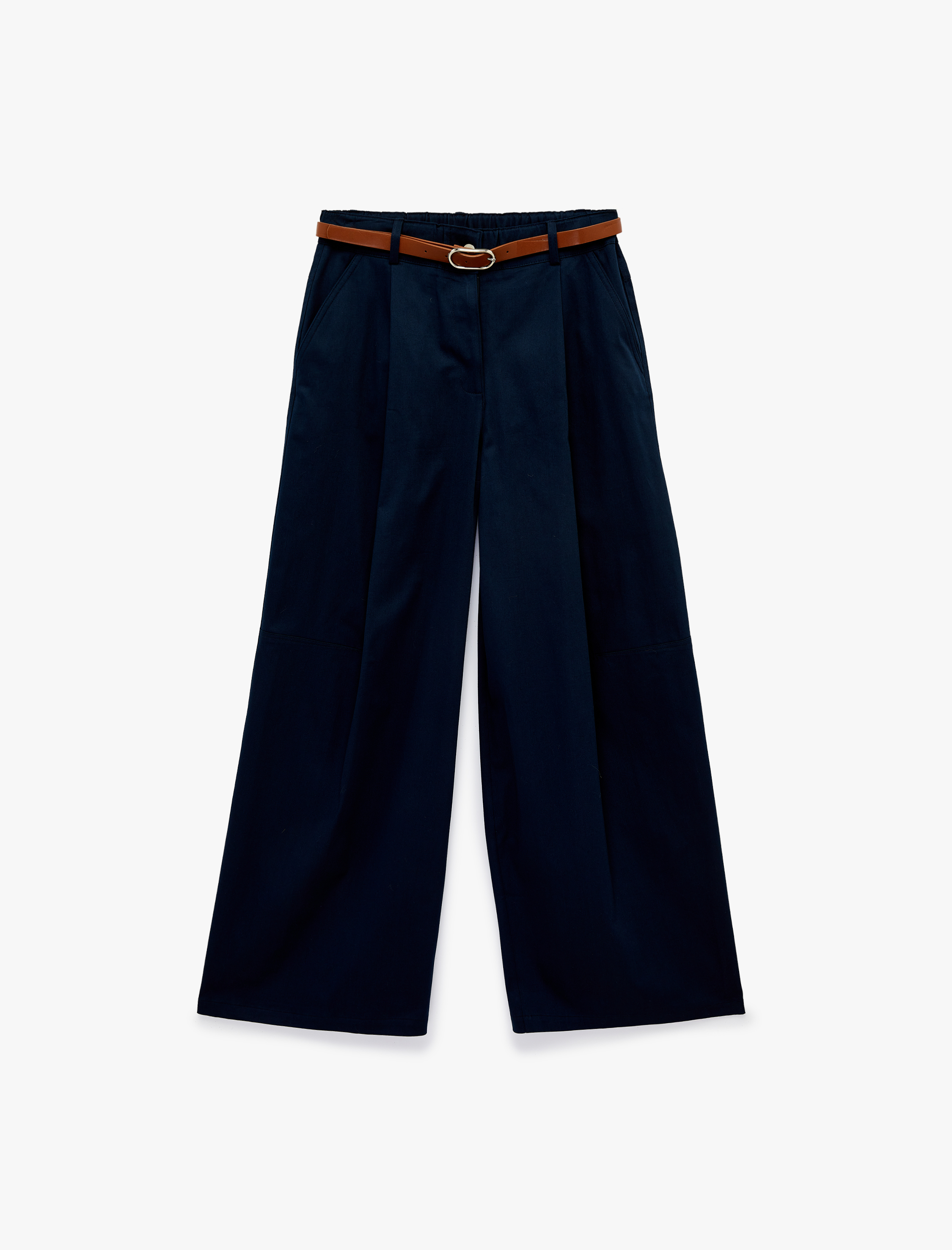   Pamuklu Cepli Yüksek Bel Geniş Paça Kemerli Pantolon