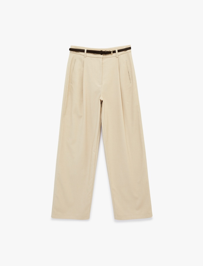  Yüksek Bel Viskon Karışımlı Kemer Detaylı Cepli Palazzo Pantolon