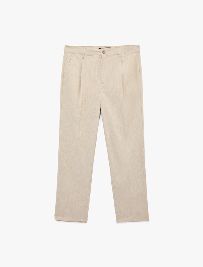  Viskon Karışımlı Düğmeli Cepli Pileli Kumaş Pantolon