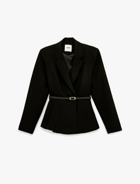 Kemer Detaylı Uzun Kollu Peplum Kruvaze Yaka Blazer Ceket