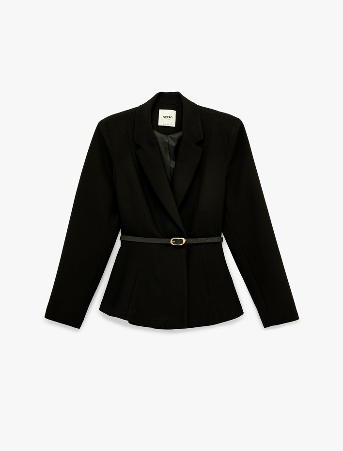  Kemer Detaylı Uzun Kollu Peplum Kruvaze Yaka Blazer Ceket