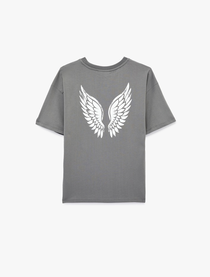 Rahat Kalıp Kısa Kollu Bisiklet Yaka Pamuklu Melek Baskılı Tişört