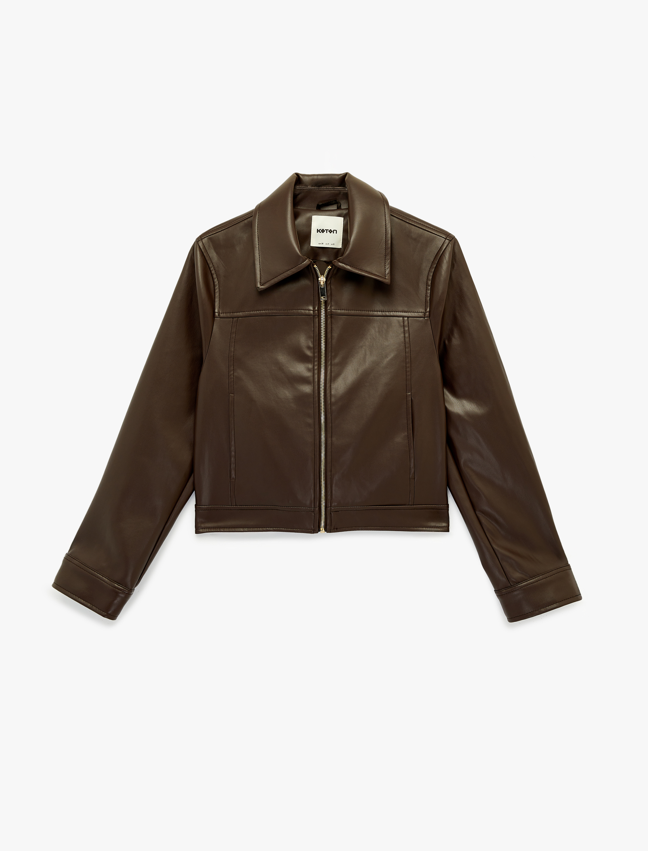   Uzun Kollu Fermuarlı Cepli Gömlek Yaka Crop Suni Deri Ceket