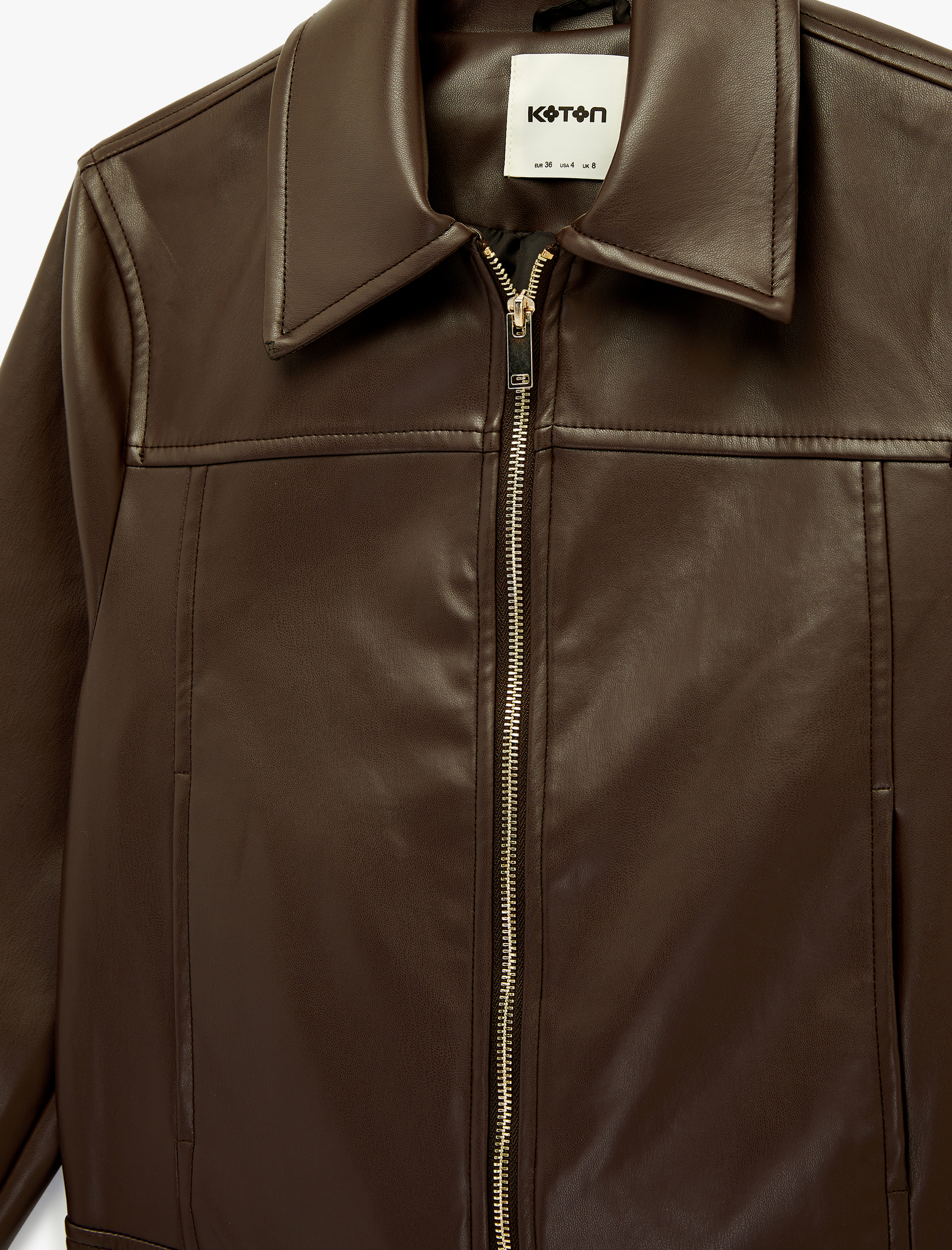   Uzun Kollu Fermuarlı Cepli Gömlek Yaka Crop Suni Deri Ceket