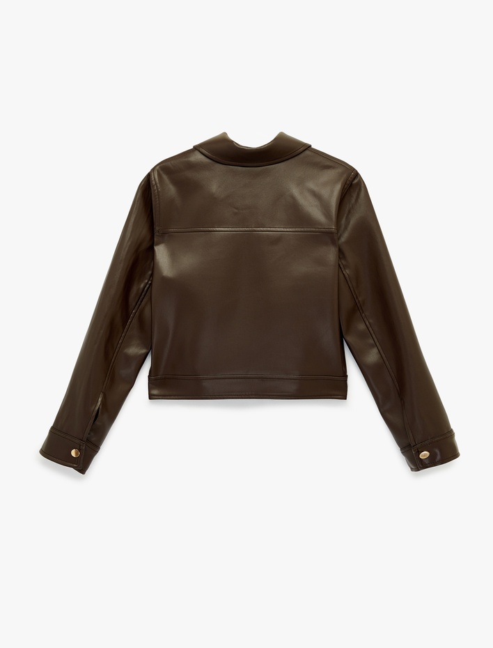  Uzun Kollu Fermuarlı Cepli Gömlek Yaka Crop Suni Deri Ceket