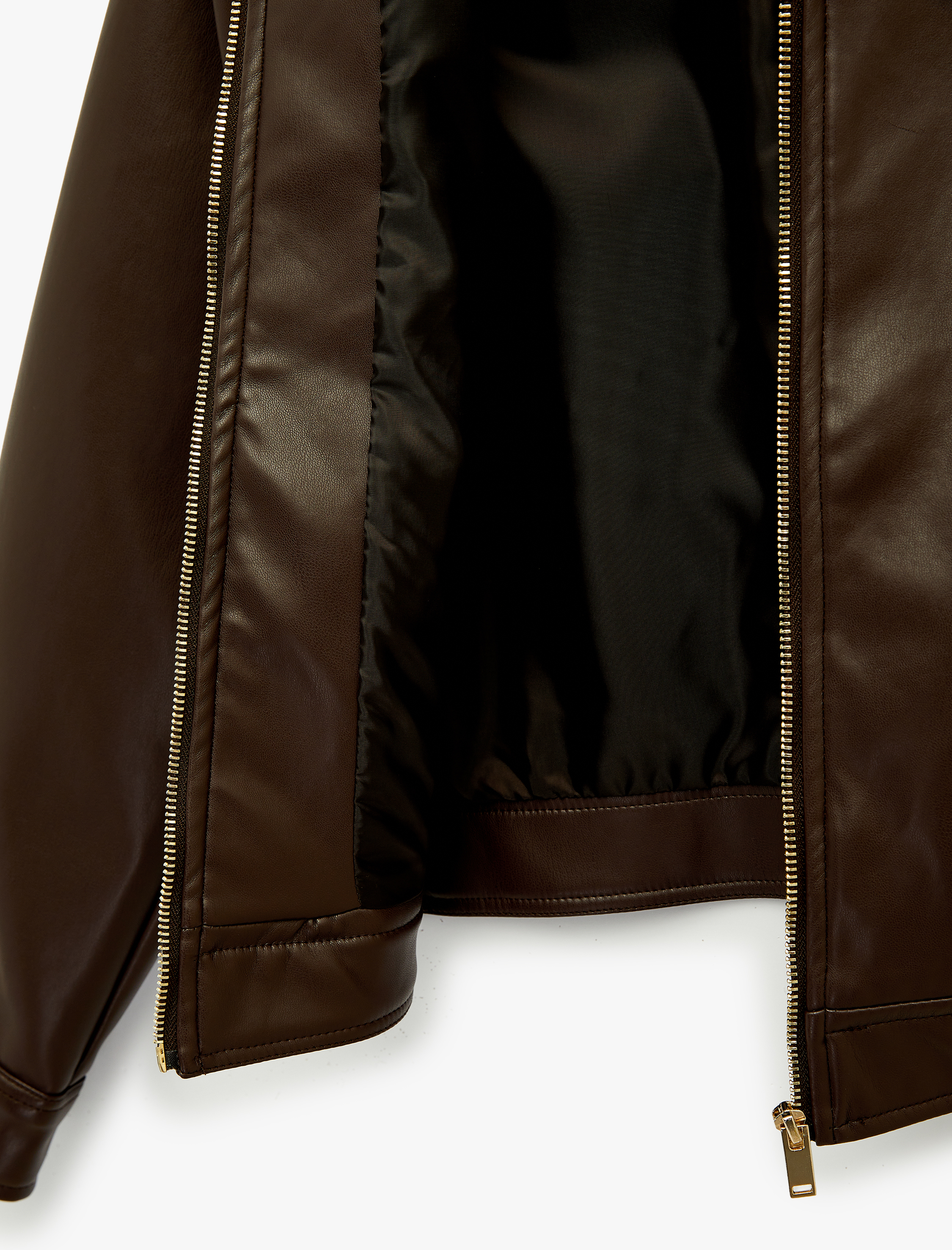   Uzun Kollu Fermuarlı Cepli Gömlek Yaka Crop Suni Deri Ceket