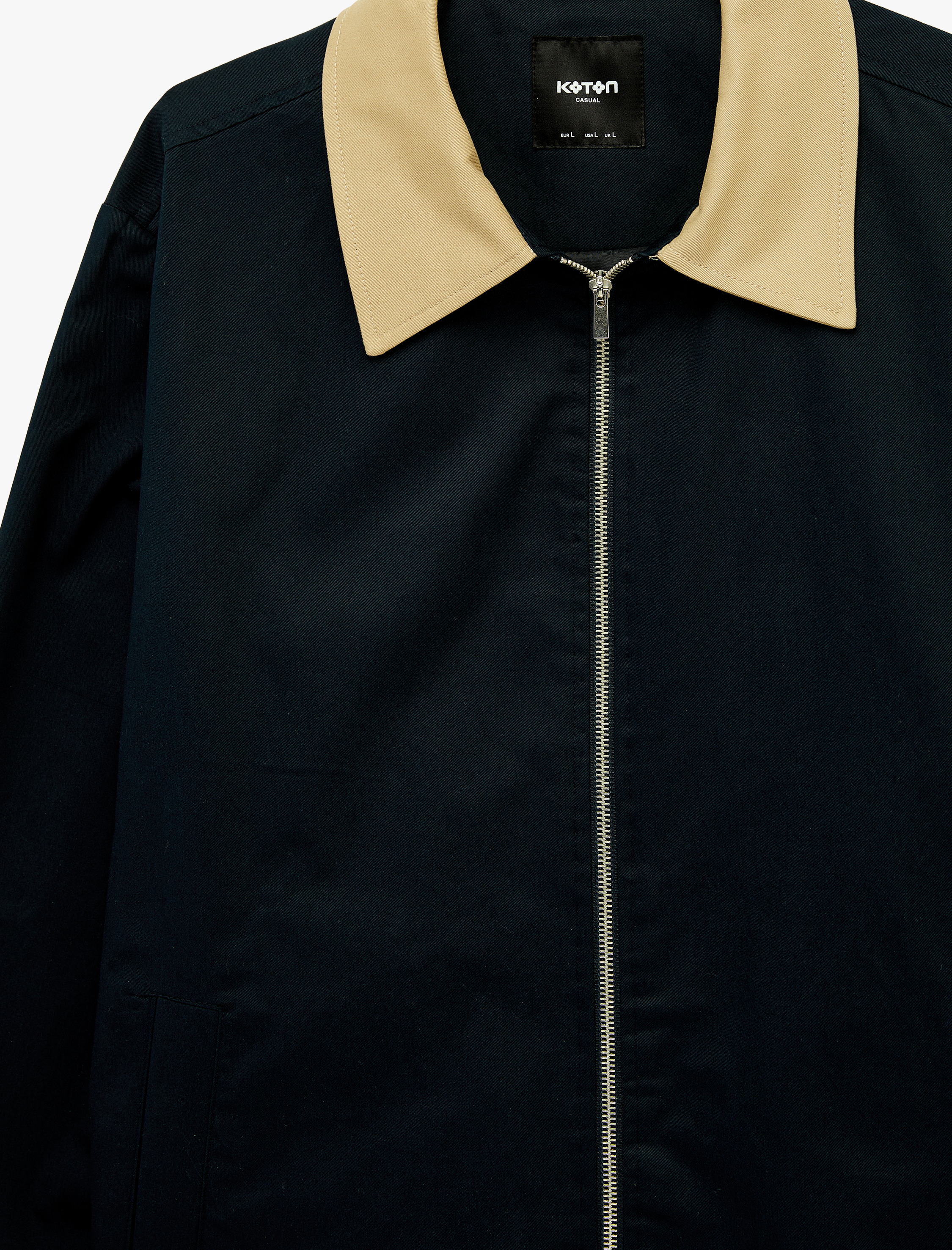   Regular Fit Uzun Kollu Renk Kontrastlı Gömlek Yaka Pamuklu Fermuarlı Gabardin Ceket