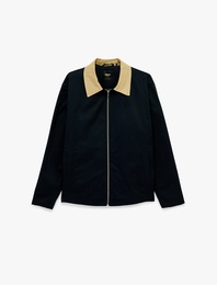 Regular Fit Uzun Kollu Renk Kontrastlı Gömlek Yaka Pamuklu Fermuarlı Gabardin Ceket