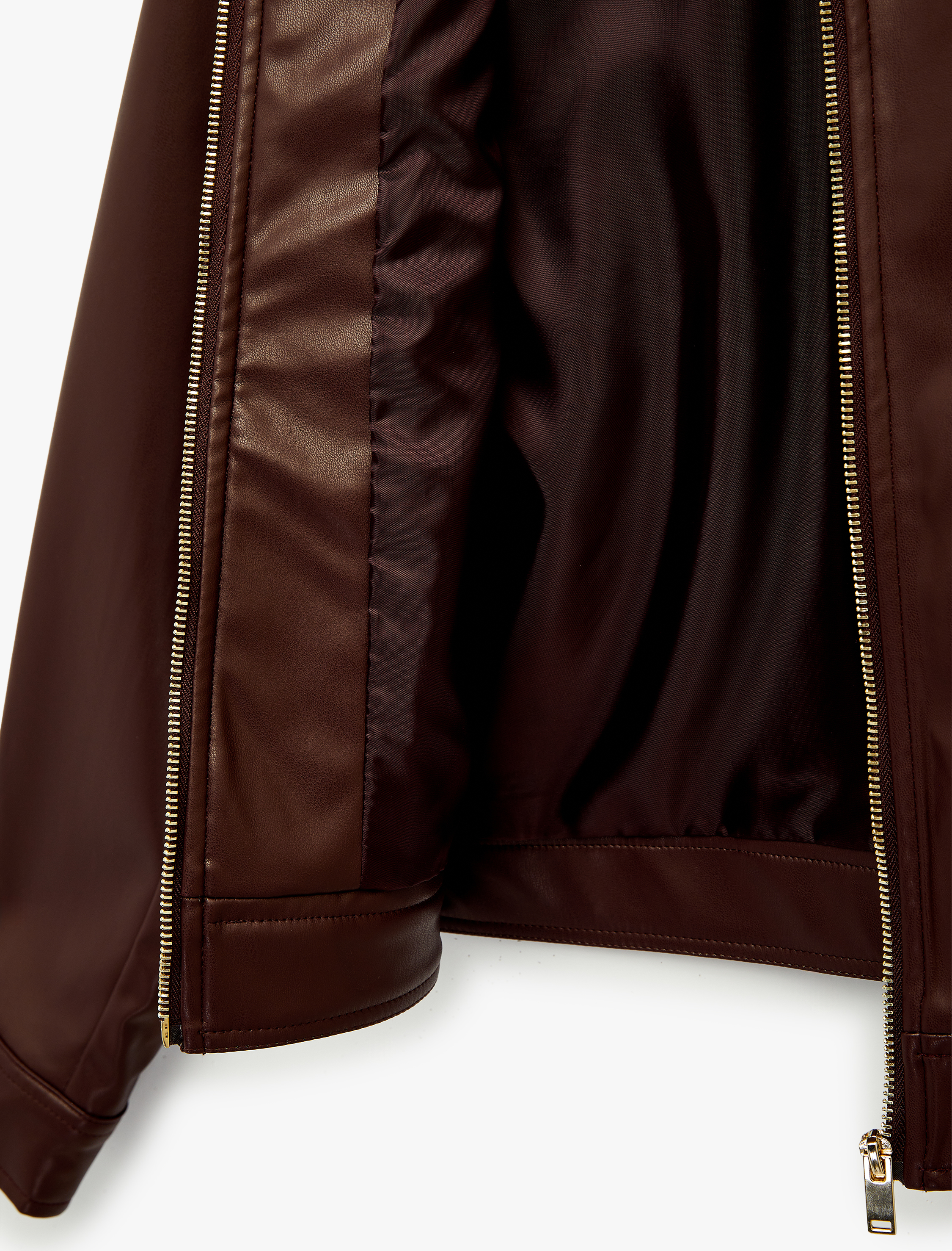   Uzun Kollu Fermuarlı Cepli Gömlek Yaka Crop Suni Deri Ceket