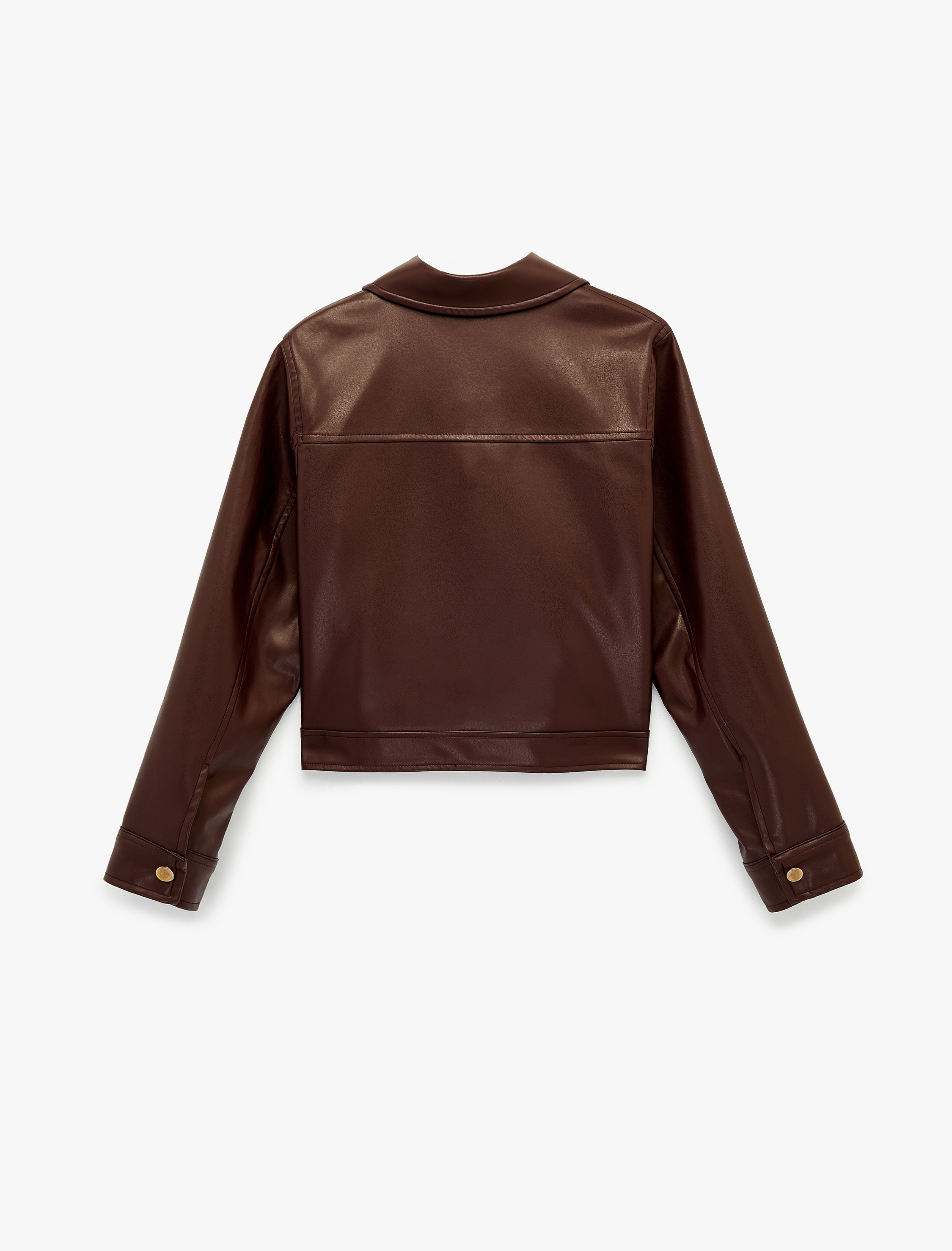   Uzun Kollu Fermuarlı Cepli Gömlek Yaka Crop Suni Deri Ceket