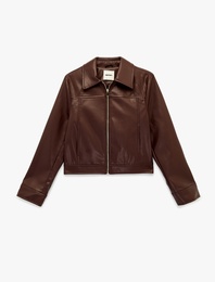 Uzun Kollu Fermuarlı Cepli Gömlek Yaka Crop Suni Deri Ceket