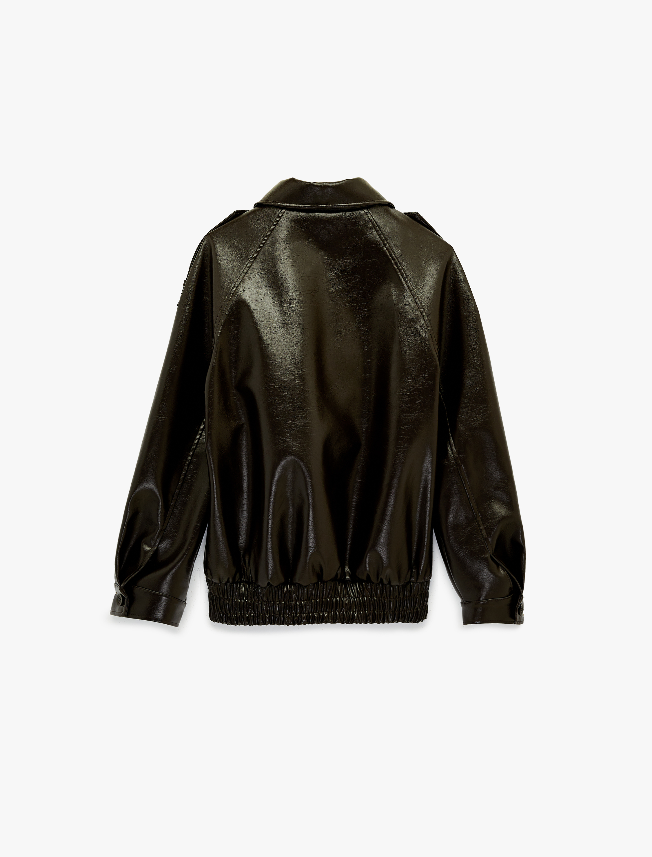   Uzun Kollu Gömlek Yaka Cepli Suni Deri Ceket