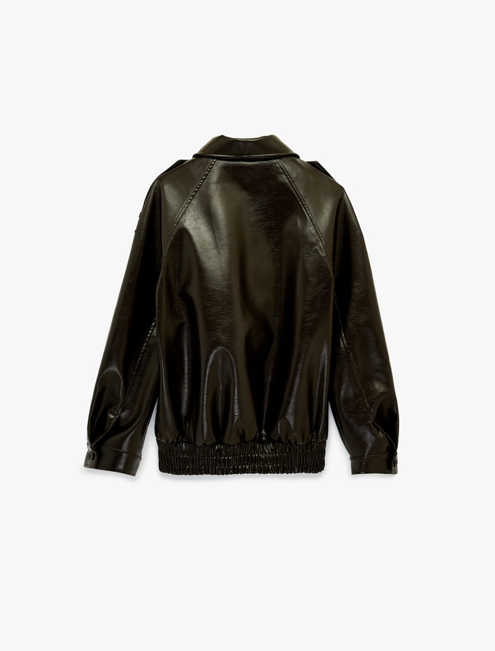  Uzun Kollu Gömlek Yaka Cepli Suni Deri Ceket