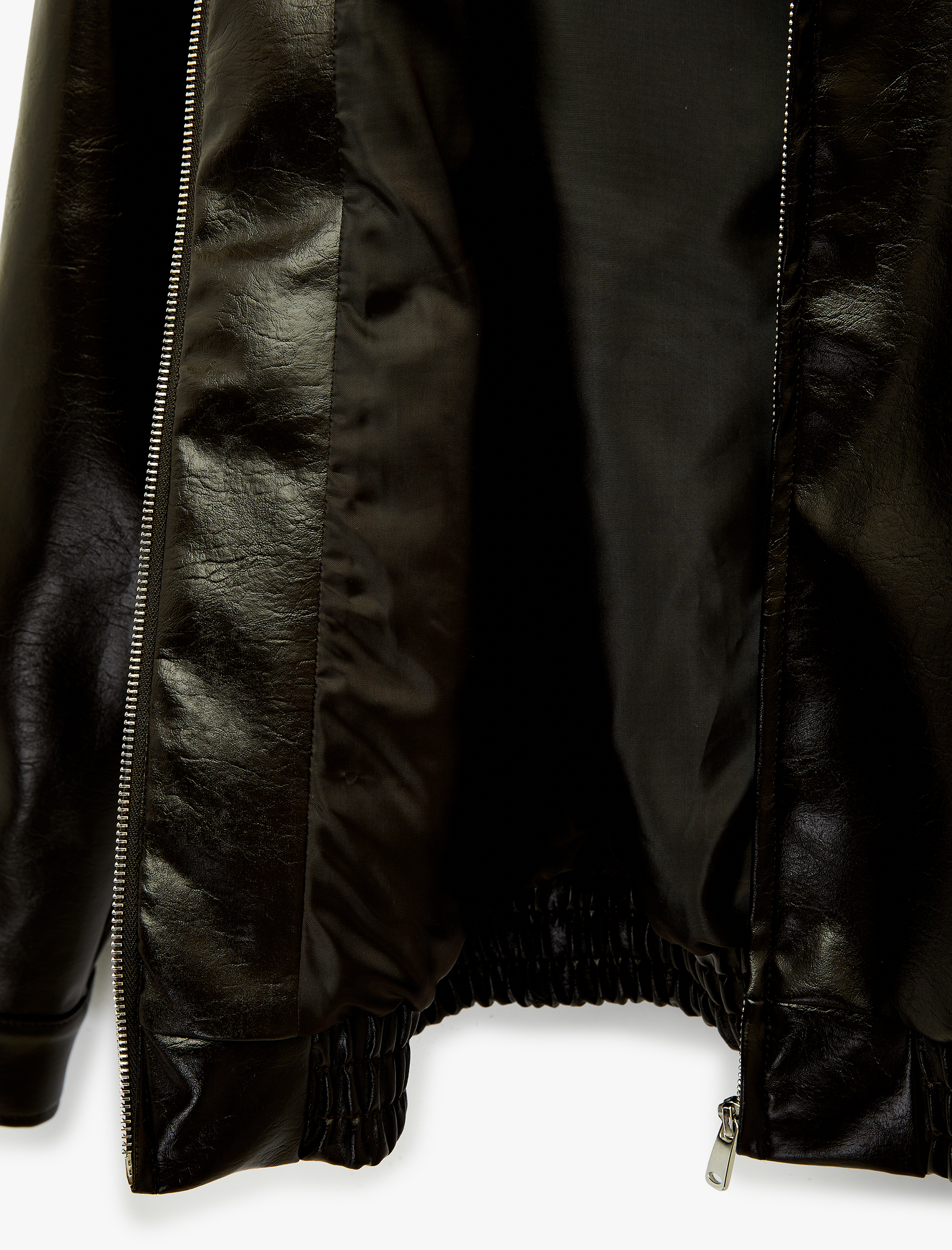   Uzun Kollu Gömlek Yaka Cepli Suni Deri Ceket