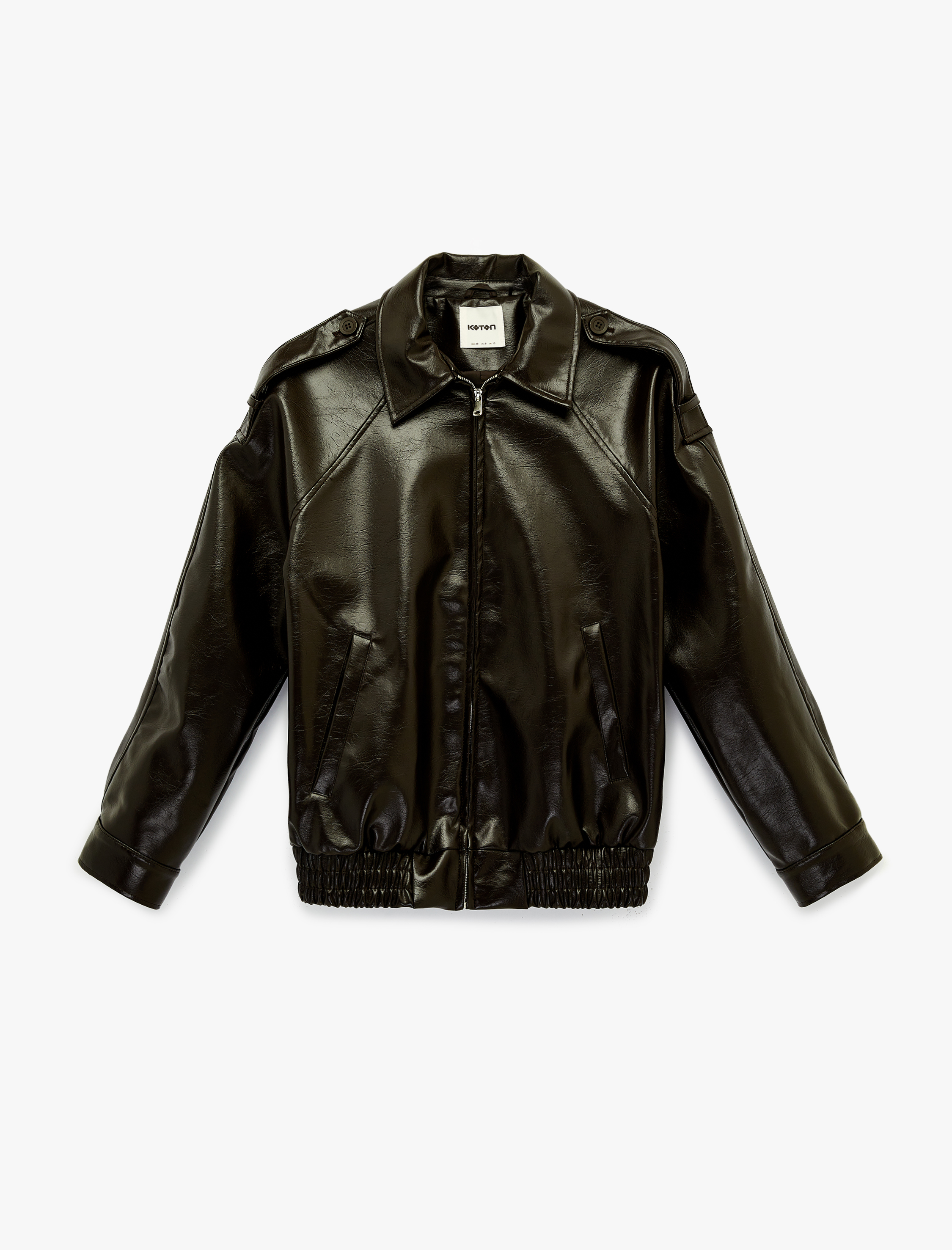   Uzun Kollu Gömlek Yaka Cepli Suni Deri Ceket