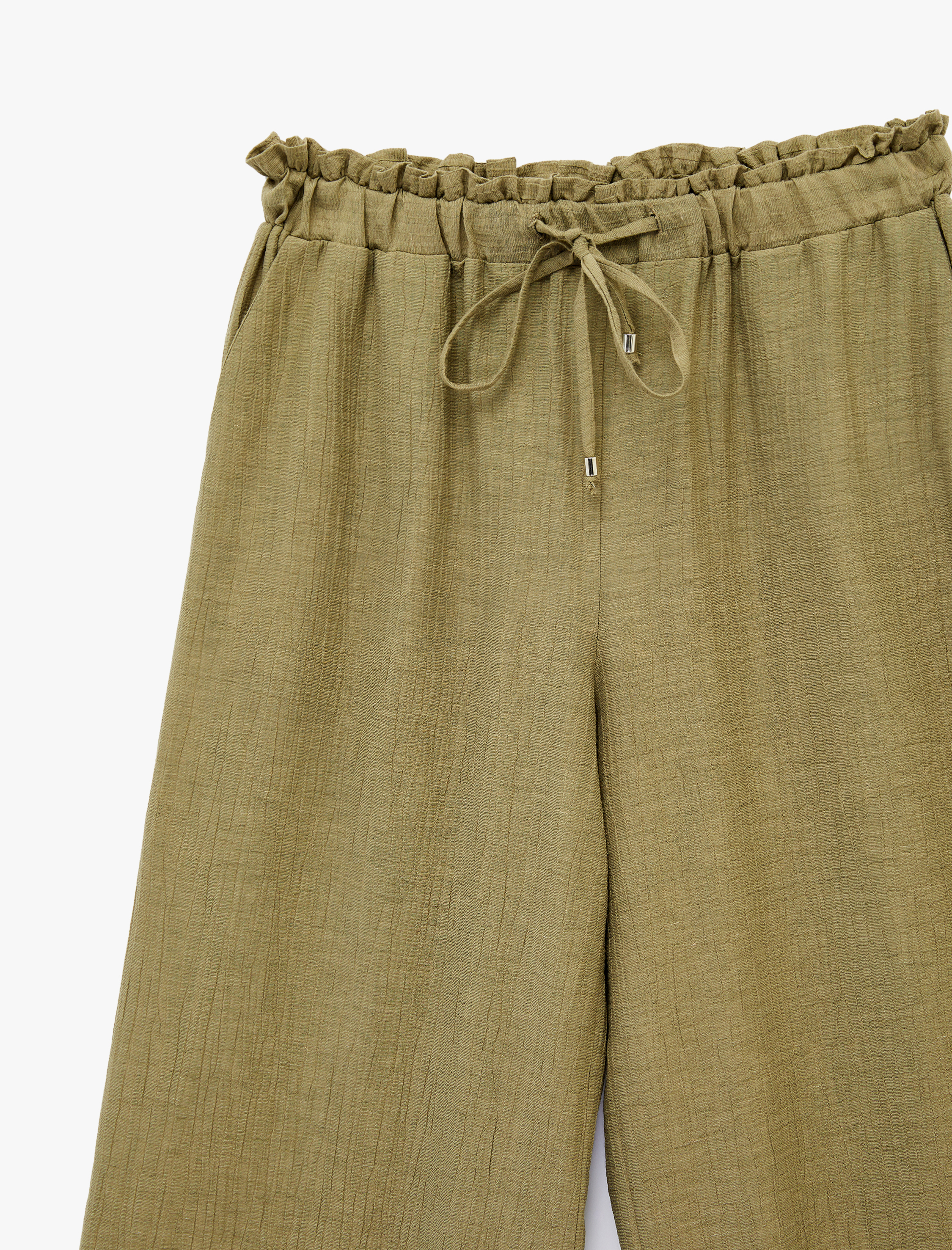   Keten Karışımlı Beli Bağcıklı Lastikli Cepli Bol Paça Pantolon