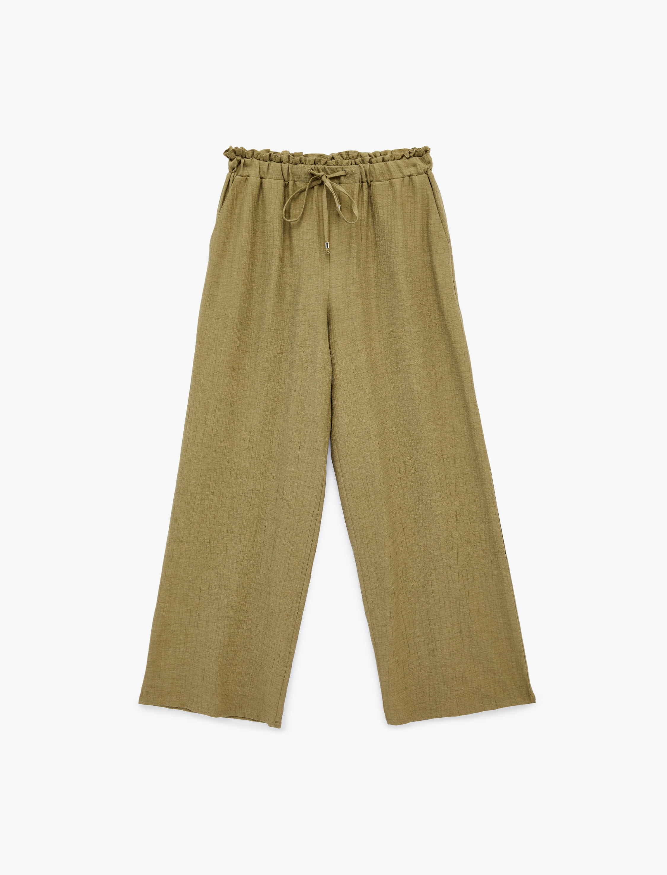   Keten Karışımlı Beli Bağcıklı Lastikli Cepli Bol Paça Pantolon