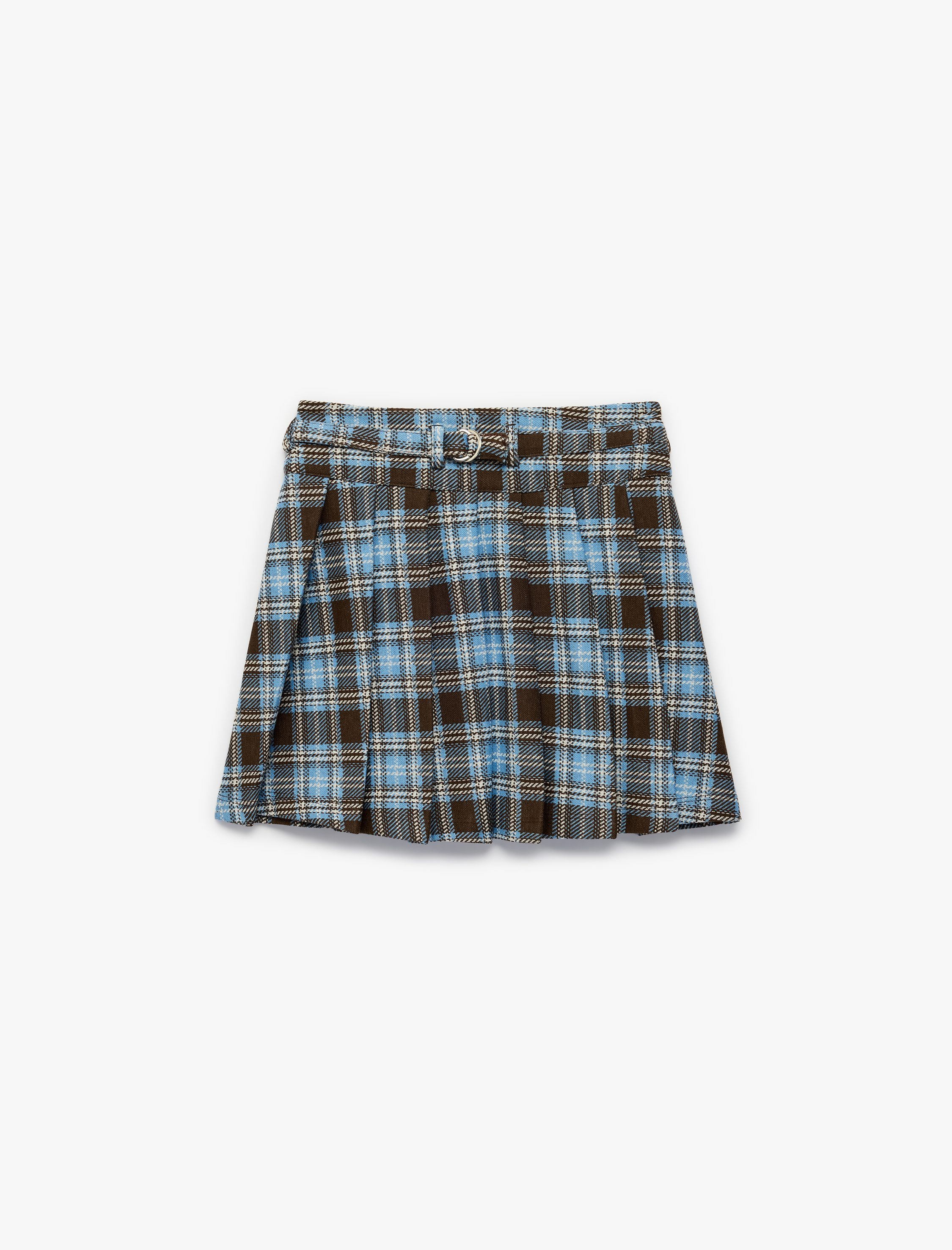  Kız Çocuk Viskon Karışımlı Ekose Desenli Metal Detaylı Kemerli Mini Etek