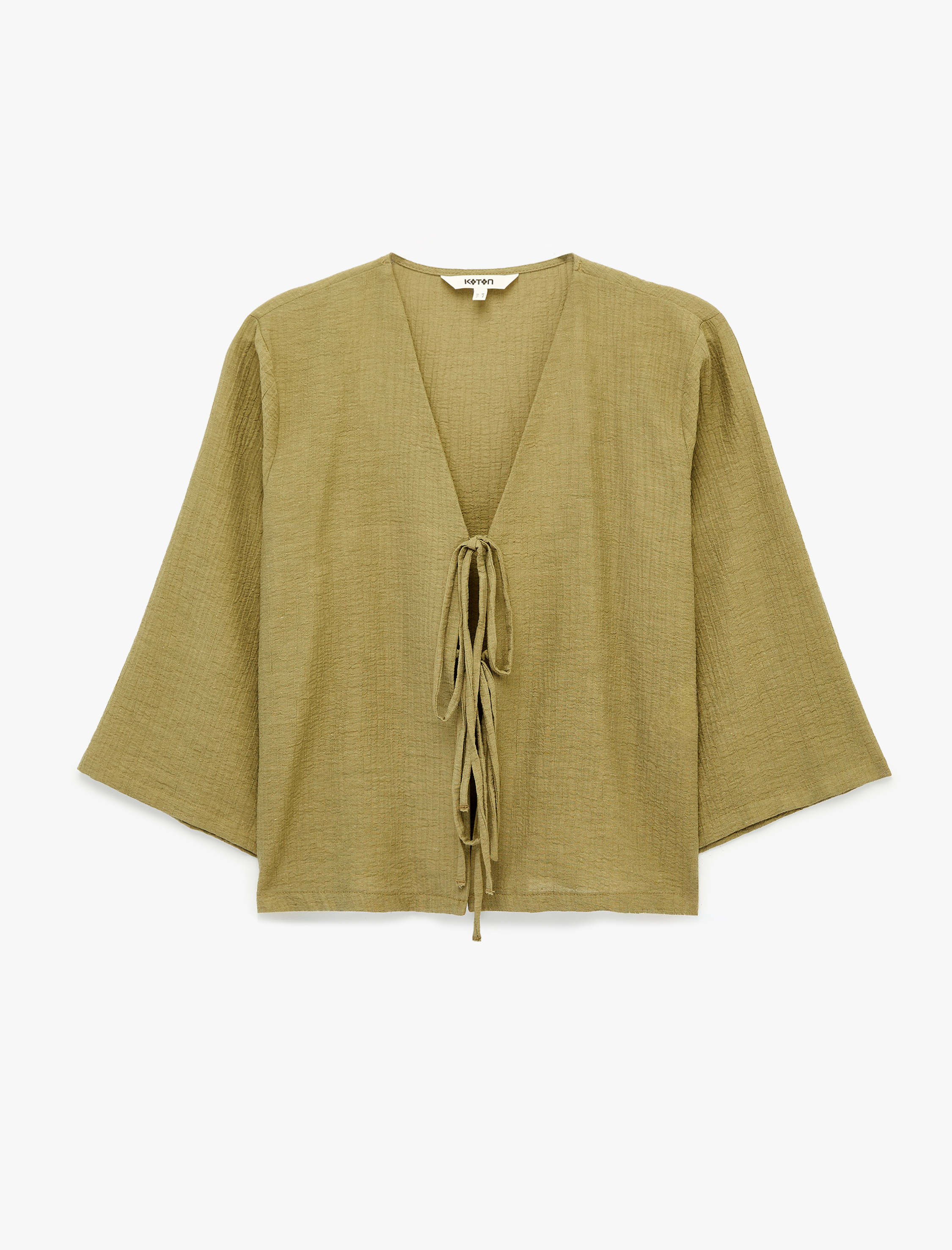  Keten Karışımlı Uzun Geniş Kollu Önden Bağlamalı Fiyonk Detaylı Kısa Kimono Bluz