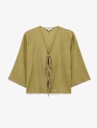 Keten Karışımlı Uzun Geniş Kollu Önden Bağlamalı Fiyonk Detaylı Kısa Kimono Bluz