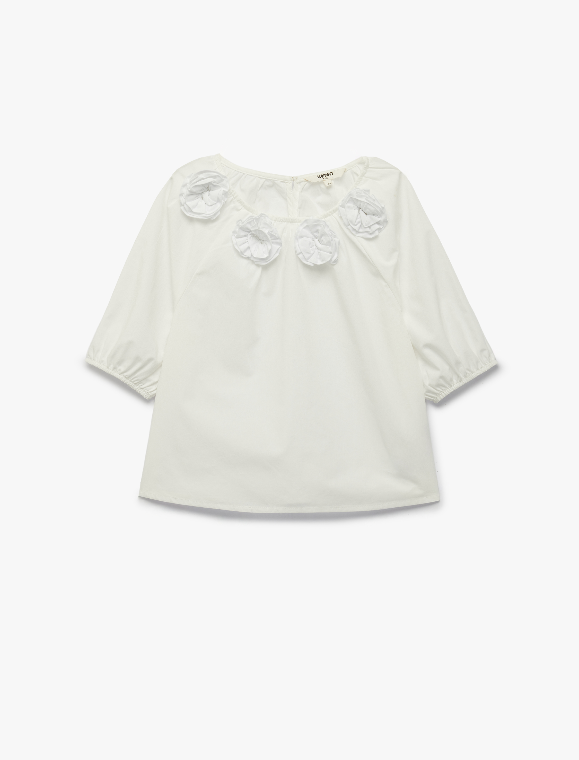  Kız Çocuk Pamuklu Kısa Balon Kollu Lastik Detaylı Bisiklet Yaka Çiçekli Poplin Bluz