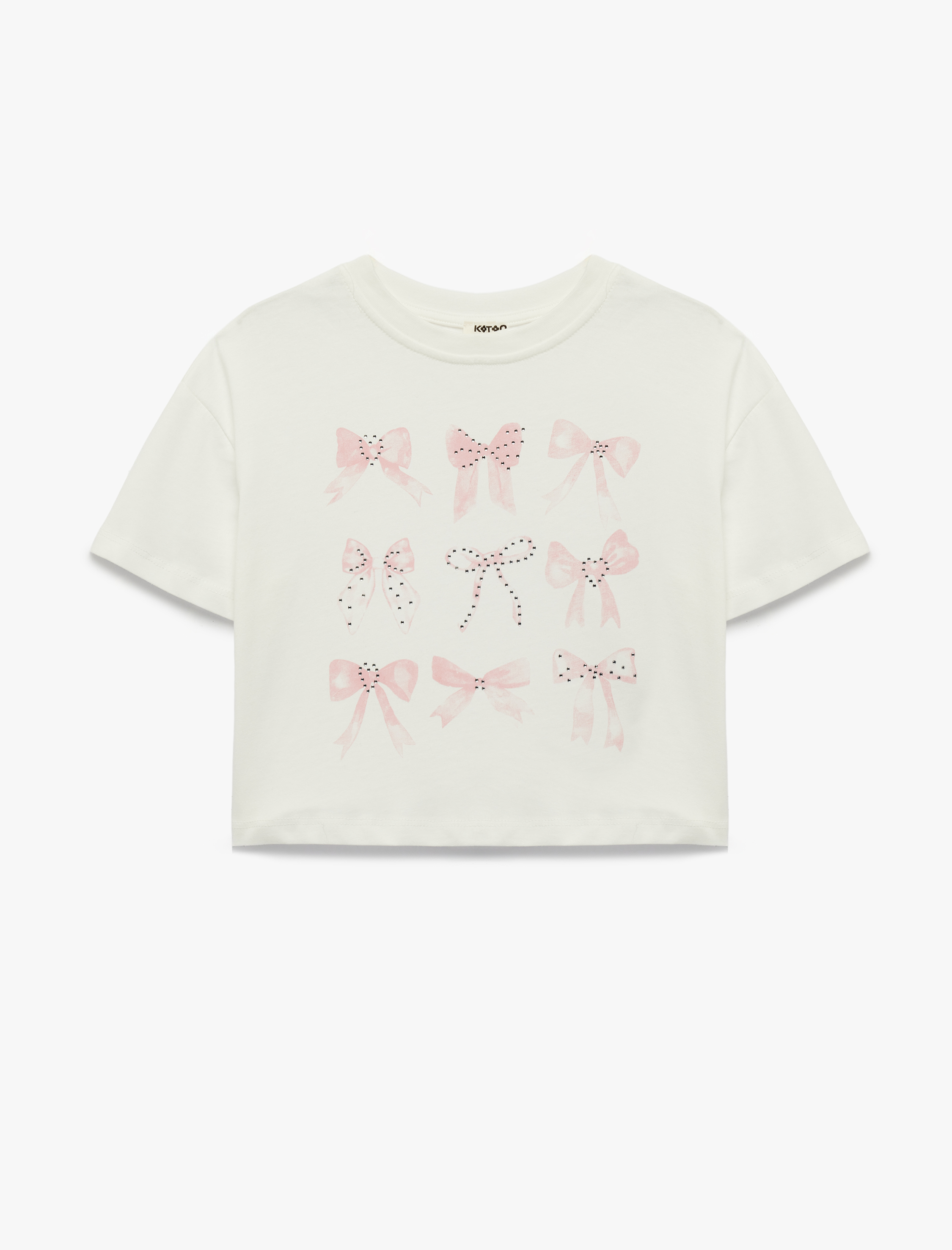  Kız Çocuk Taş Detaylı Kısa Kollu Bisiklet Yaka Pamuklu Fiyonk Baskılı Tişört